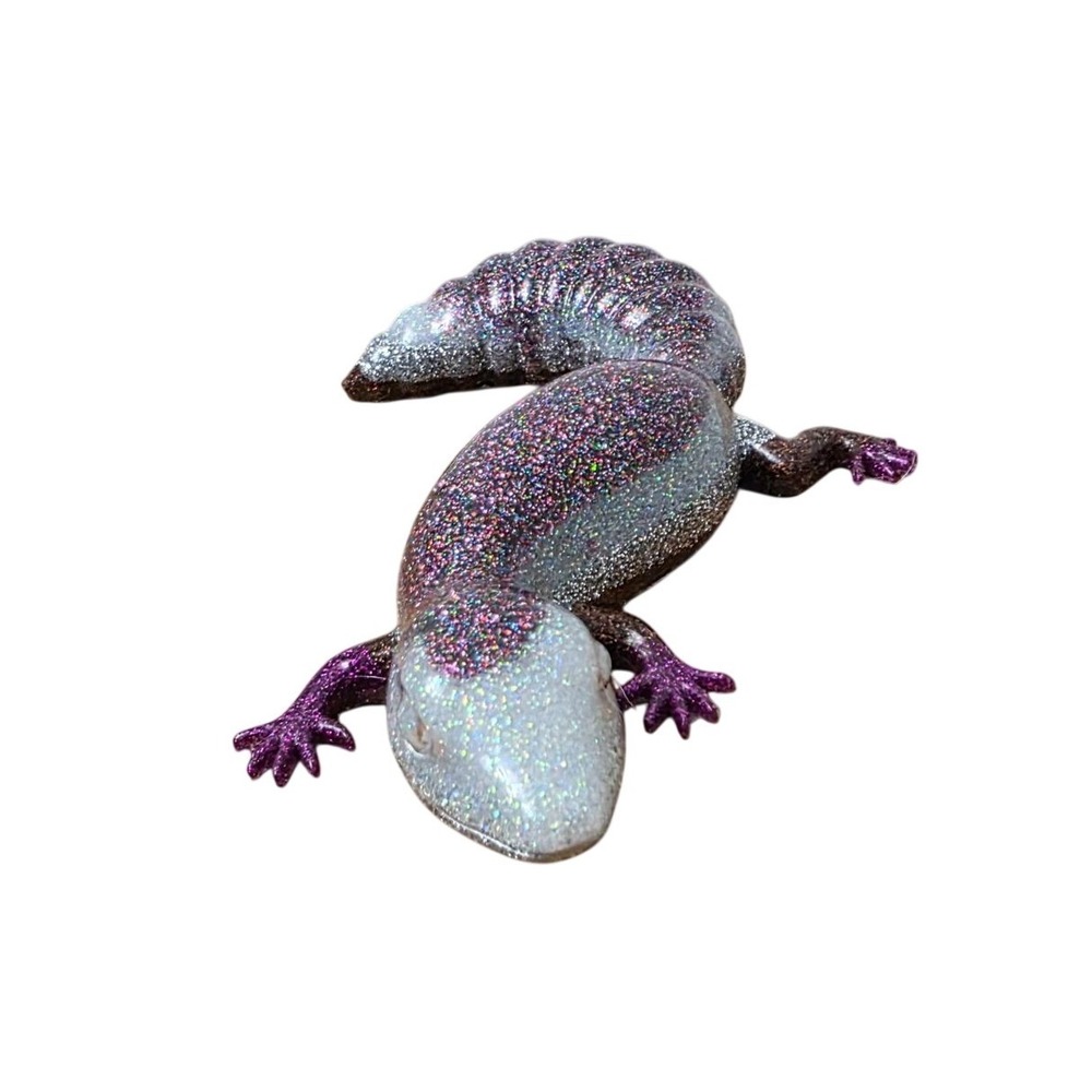 5" Sparkly Resin Glitter Lizard Figurine Purple Silver Desk Decor Collectible